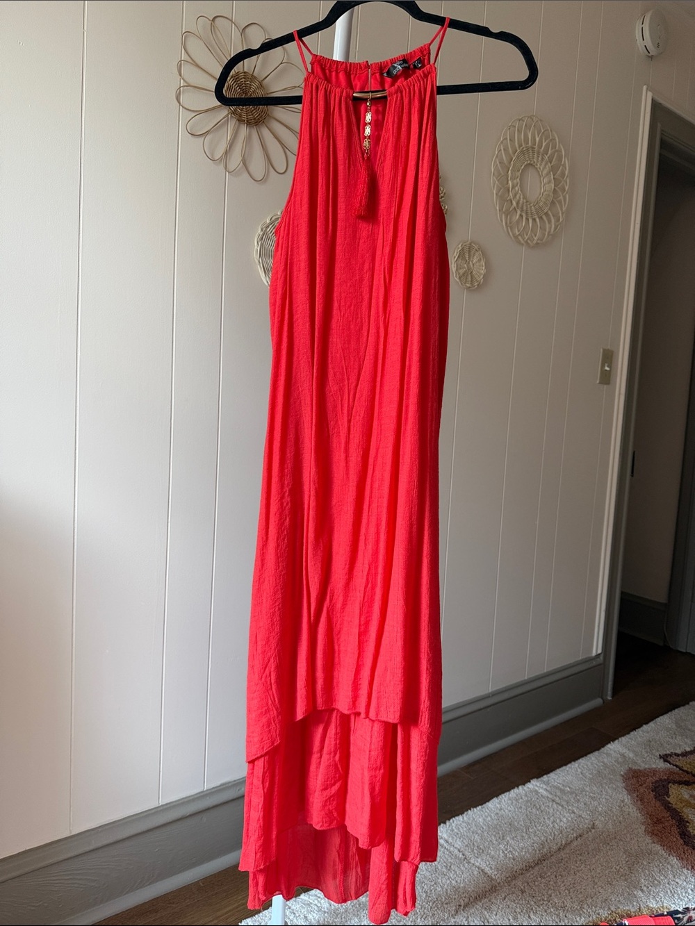 Mlle Gabrielle Coral-Red Halter High-Low Maxi Dress